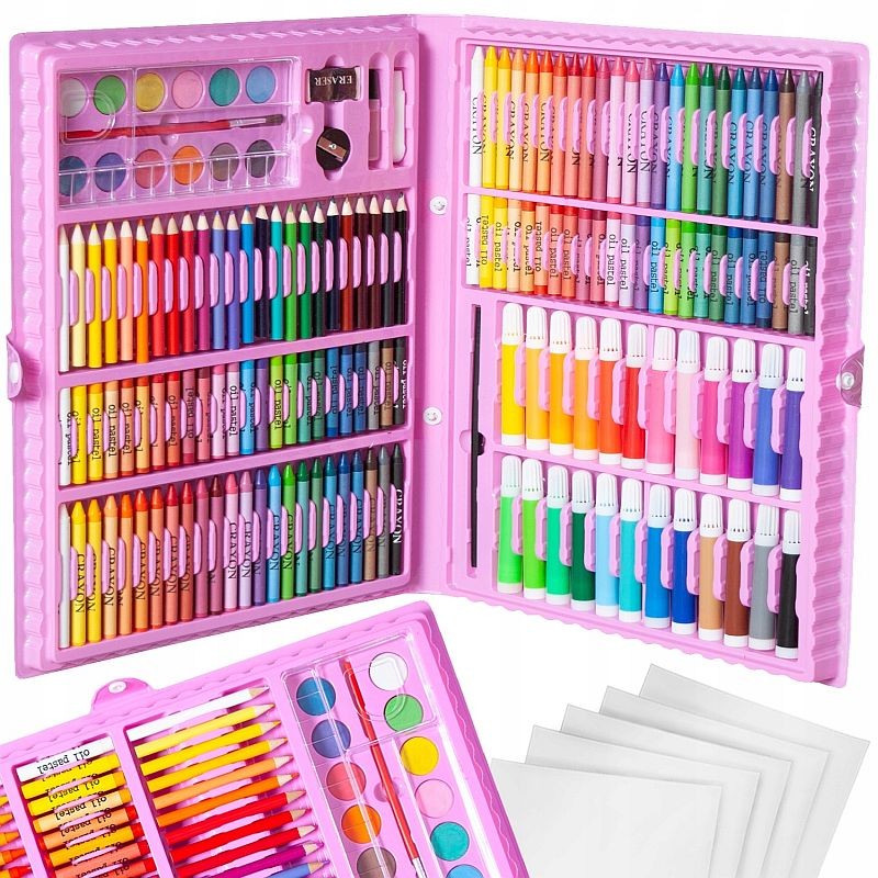 Trusa pictura si desen, valiza 168 piese, set creativ pentru copii, roz - imagine 13